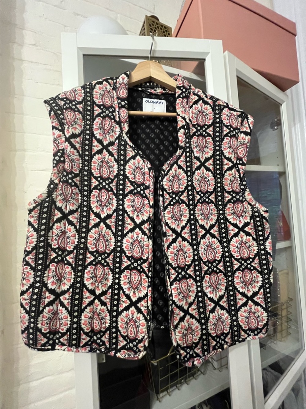 Old Navy Black Quilted Vest with Pink & White Paisley Print